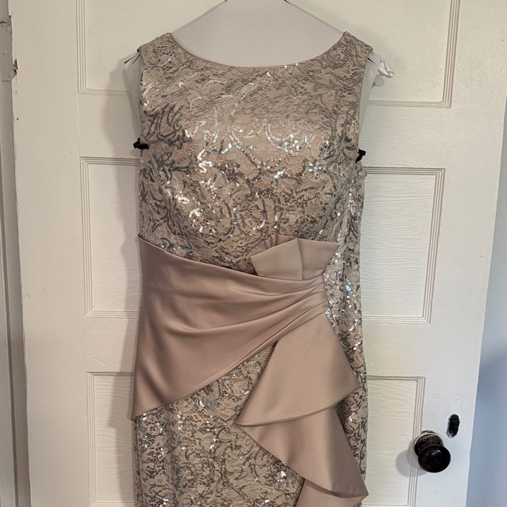 Eliza J Asymmetrical Sequin Lace Dress in Cream and Silver